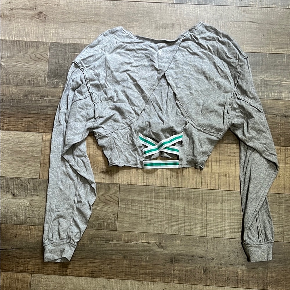 Free People Movement Open Back Gray Crop Top with Green Stripes, Size Small